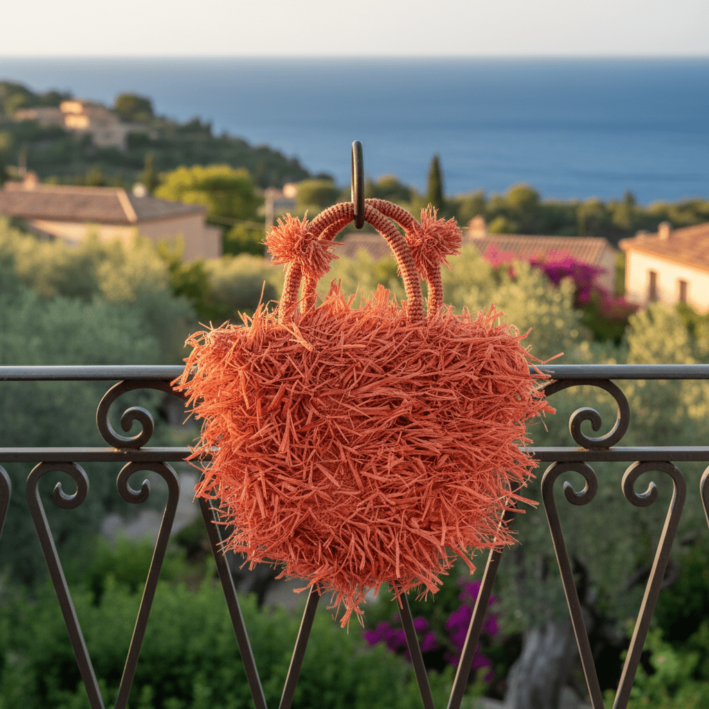 Raffia - Tasche mit Fransen in Korallrot, handgefertigte Sommer - Henkeltasche Taschen von Sans - Arcidet Paris