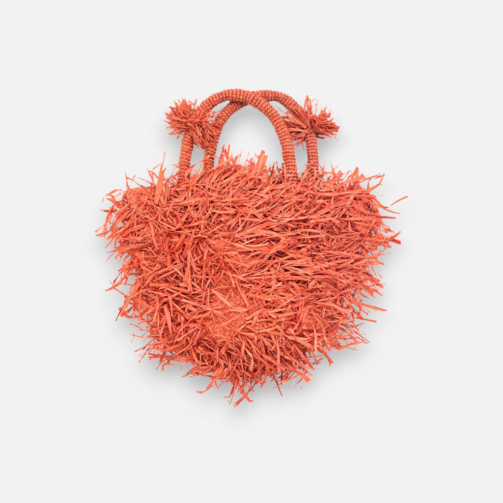 Raffia - Tasche mit Fransen in Korallrot, handgefertigte Sommer - Henkeltasche Taschen von Sans - Arcidet Paris