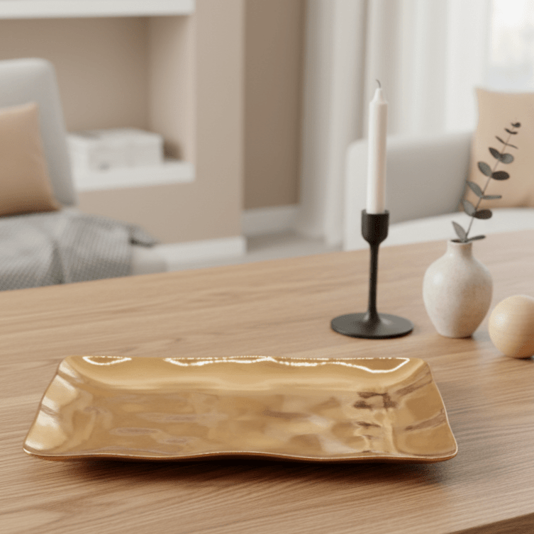 Servierplatte aus Porzellan gold metallic look rechteckig gross L 41cm x B 25.5cm x H 3.5cm | Josette Geschirr von Pampa Bay