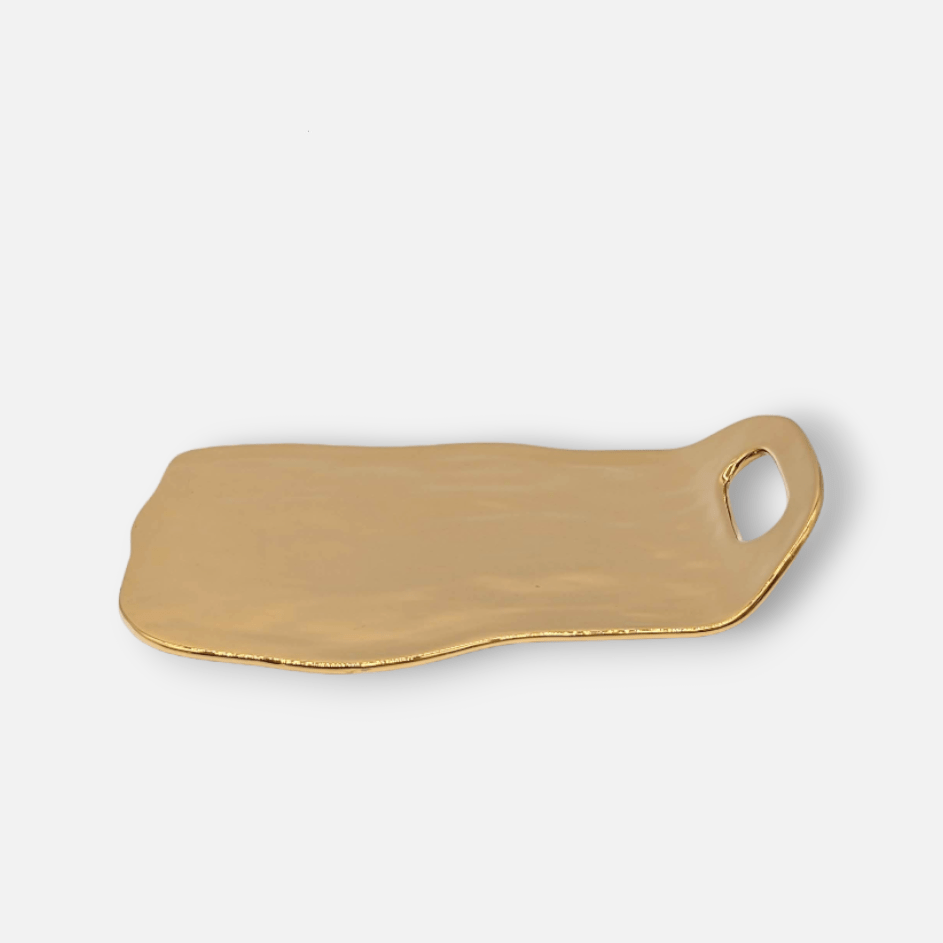 Servierplatte aus Porzellan, gold metallic, rechteckig mit Griff, groß, L 33,5 cm × B 23 cm × H 5,5 cm von Pampa Bay