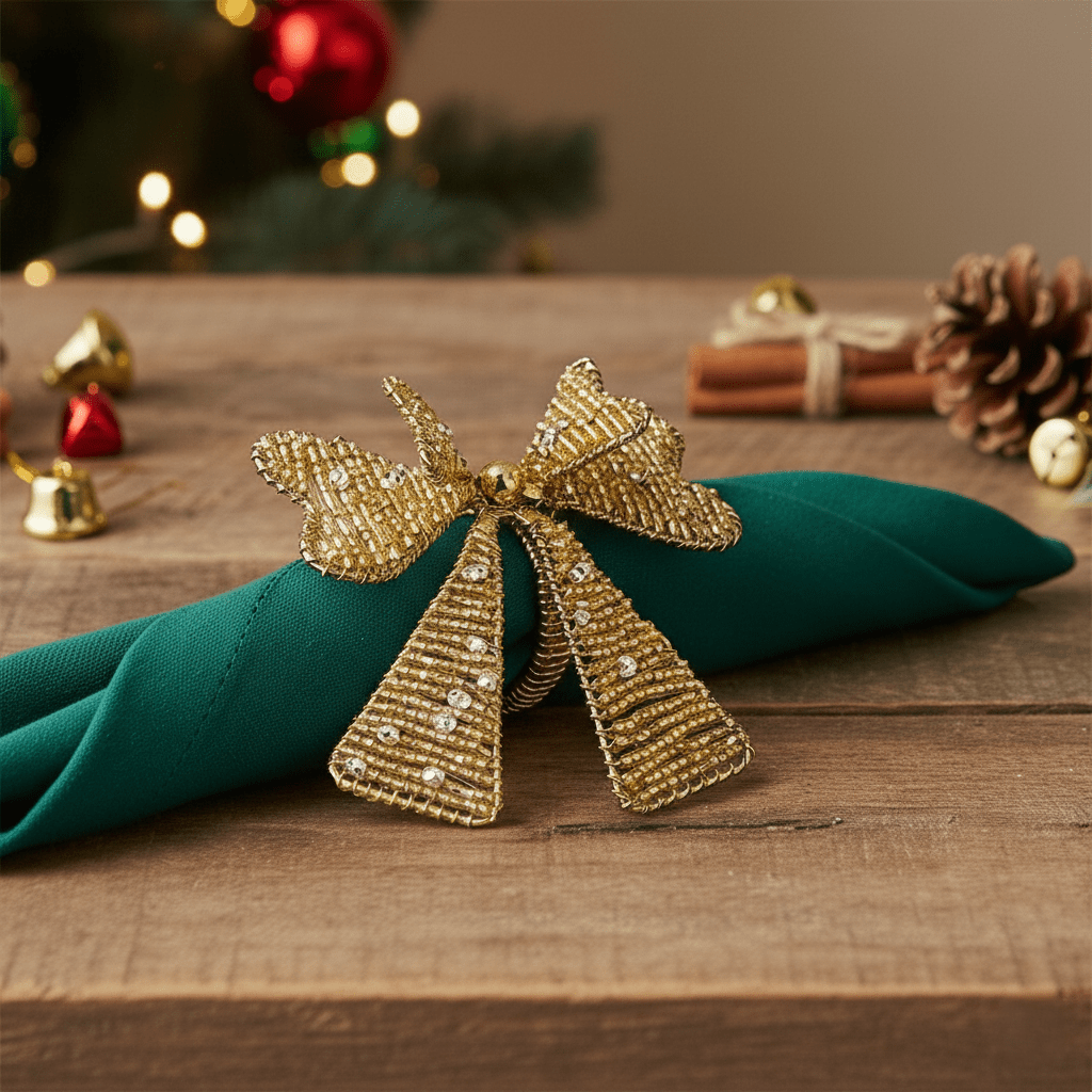 Serviettenring mit Schleife aus Perlen in Gold, Ø 6cm, Tischdeko Weihnachten Dekoration von EDG