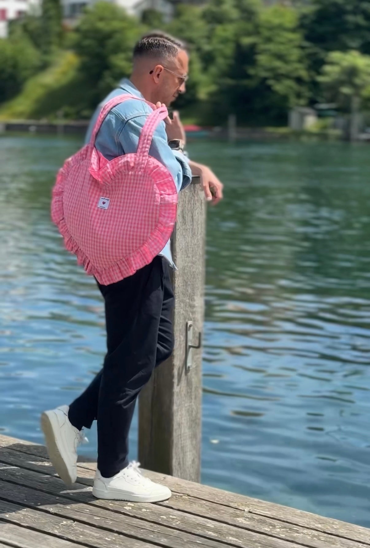 Shopping Bag, Einkaufstasche in Herzform pink kariert 40 x 48cm | Coeur Pink Taschen von Léopoldine Chateau