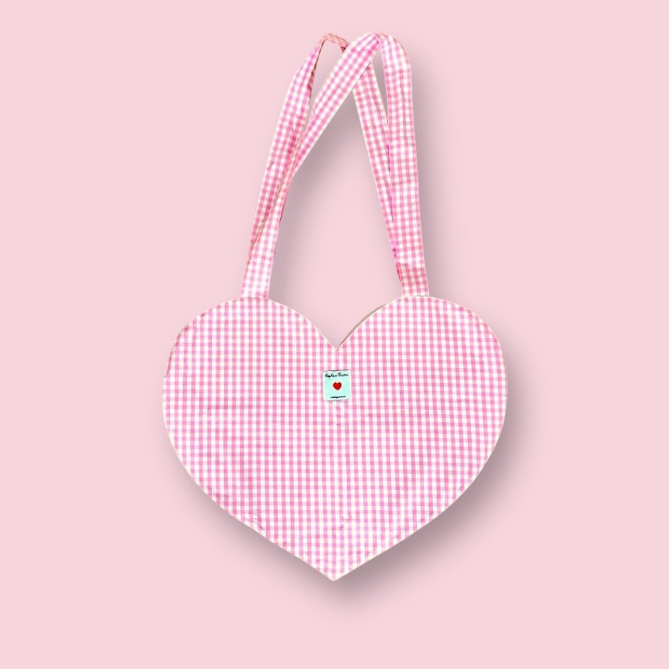 Shopping Bag, Einkaufstasche in Herzform rosa-weiss kariert 40 x 48cm | Coeur Rose Taschen von Léopoldine Chateau