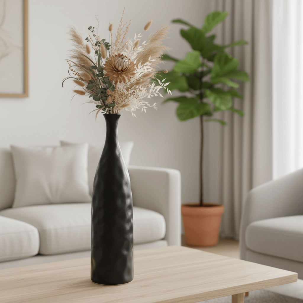 Steingutvase, Dekovase aus Steingut, schmal, matt schwarz, gewellte Flaschenform, B 12 cm × H 45 cm – von Affari of Sweden