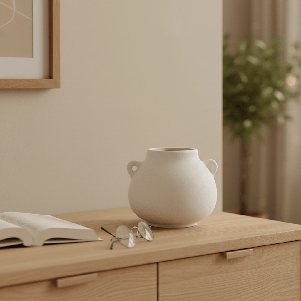 Steingutvase, Dekovase aus Steingut weiss Henkel B 17.5cm x H 13.5cm | Roi Vasen von Affari of Sweden