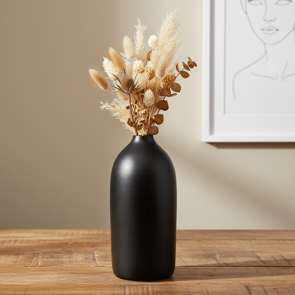 Steingutvase, Dekovase, Tonvase aus Steingut handgefertigt Portugal schwarz matt schlicht Ø 3 cm × H 28 cm von O Cactuu