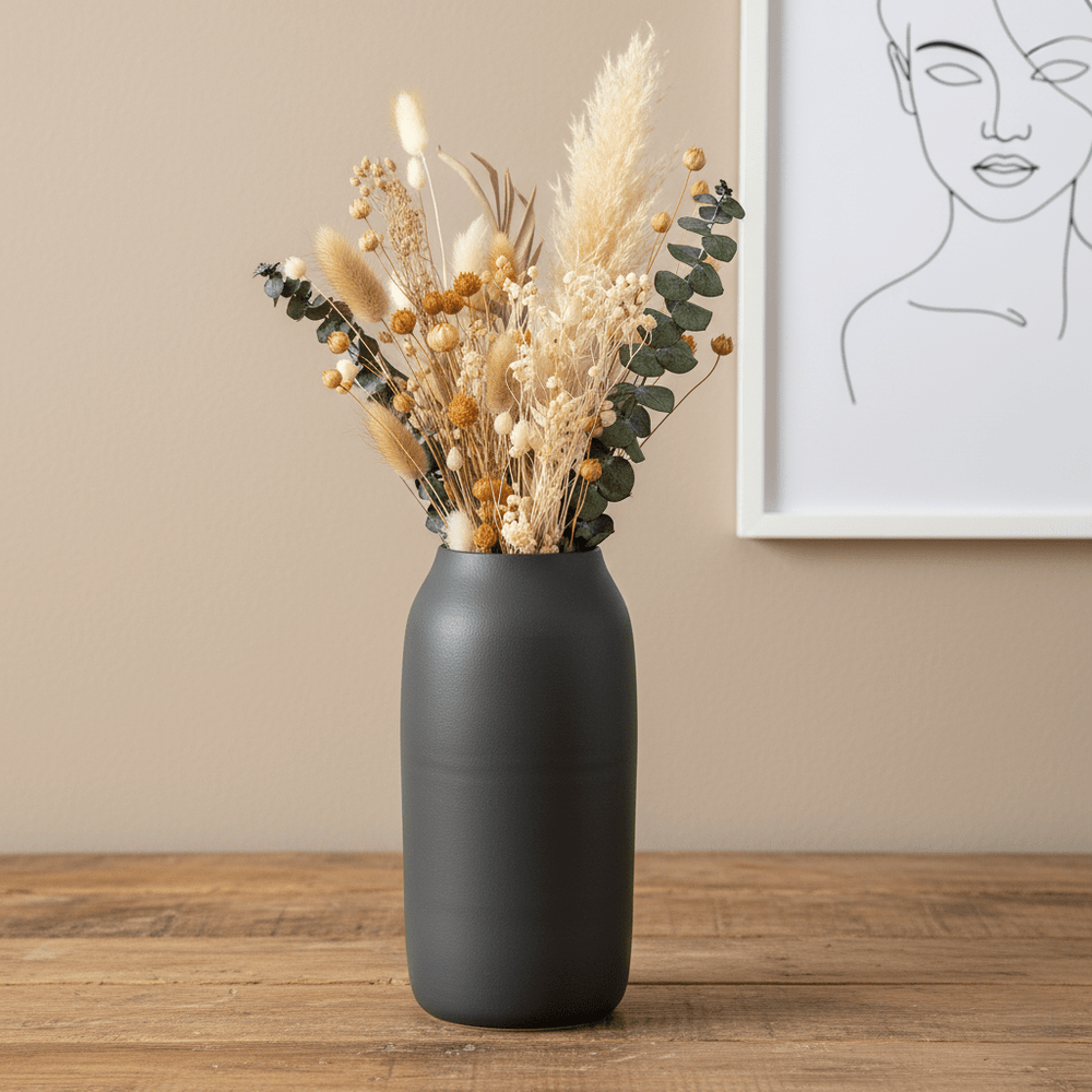 Steingutvase, Dekovase, Tonvase aus Steingut handgefertigt Portugal schwarz matt schlicht Ø 8,5 cm × H 25 cm von O Cactuu