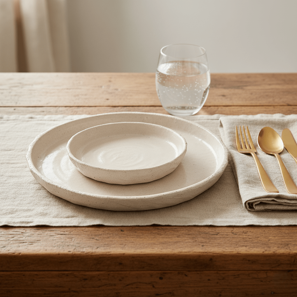 Teller aus Keramik beige glasiert japanische Handwerkskunst Kurinuki | Camill Geschirr von Muubs