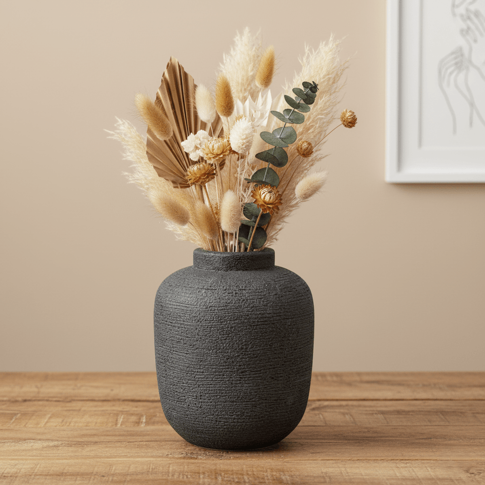 Terrakottavase, Dekovase aus Terrakotta handgefertigt schwarz matt mit rauer Struktur B 19 cm × H 23 cm von Bazar Bizar