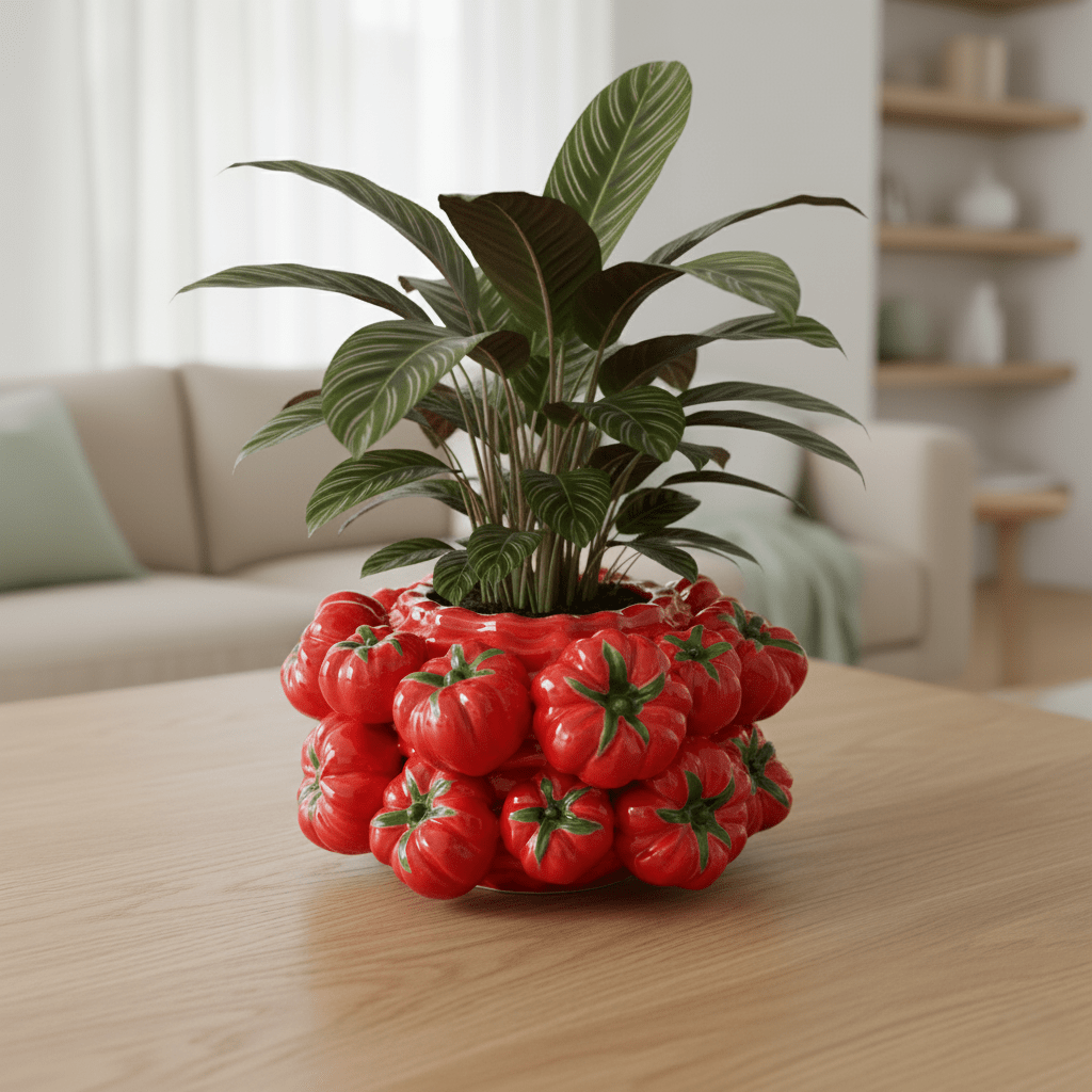 Tomatenvase, Dekovase aus Keramik Rot mit Tomaten Motiv H 16cm x Ø 27cm | Tomatelle Vasen von EDG