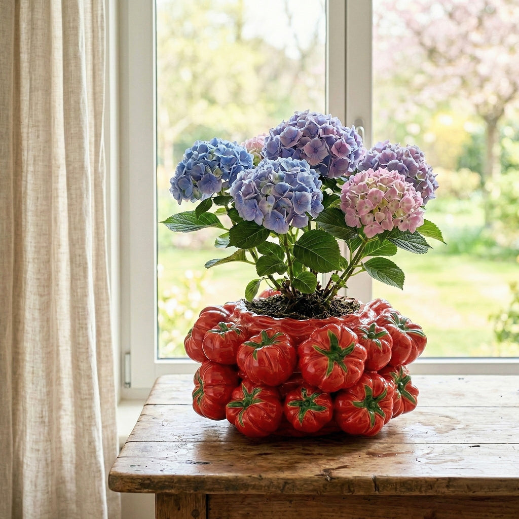 Tomatenvase, Dekovase aus Keramik Rot mit Tomaten Motiv H 16cm x Ø 27cm | Tomatelle Vasen von EDG
