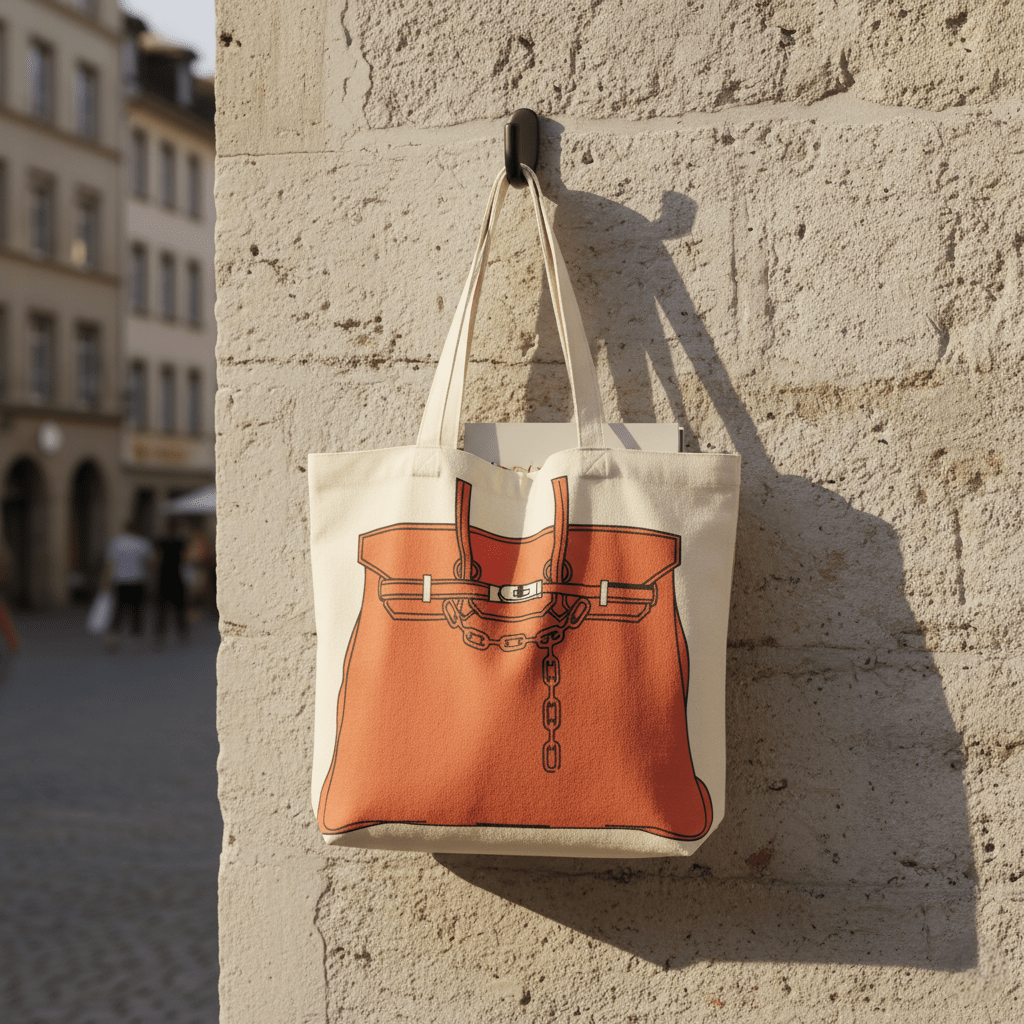 Tote Bag aus Baumwolle mit Iconic Bag - Motiv in Orange, H 39cm B 43cm, Design Bag Taschen von Kiss Couture