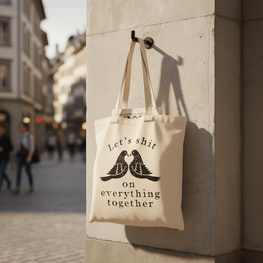 Tote Bag, Einkaufstasche aus Baumwolle beige, mit Schriftzug „Let's shit on everything together.“ – von Typealive