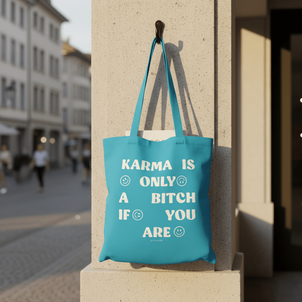Tote Bag, Einkaufstasche aus Baumwolle blau mit Schriftzug Karma 42 x 38cm | Karma Taschen von Typealive