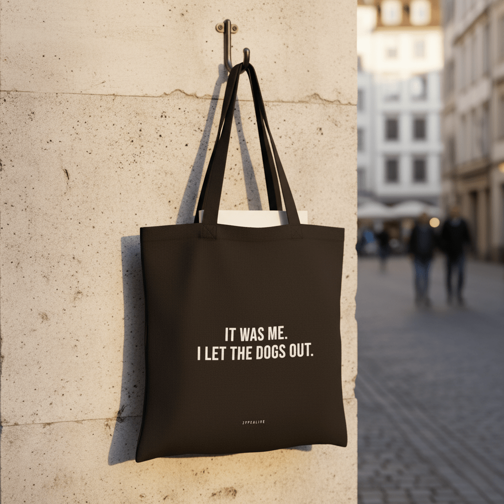 Tote Bag, Einkaufstasche aus Baumwolle schwarz, mit Schriftzug „It was me. I let the dogs out.“ – von Typealive