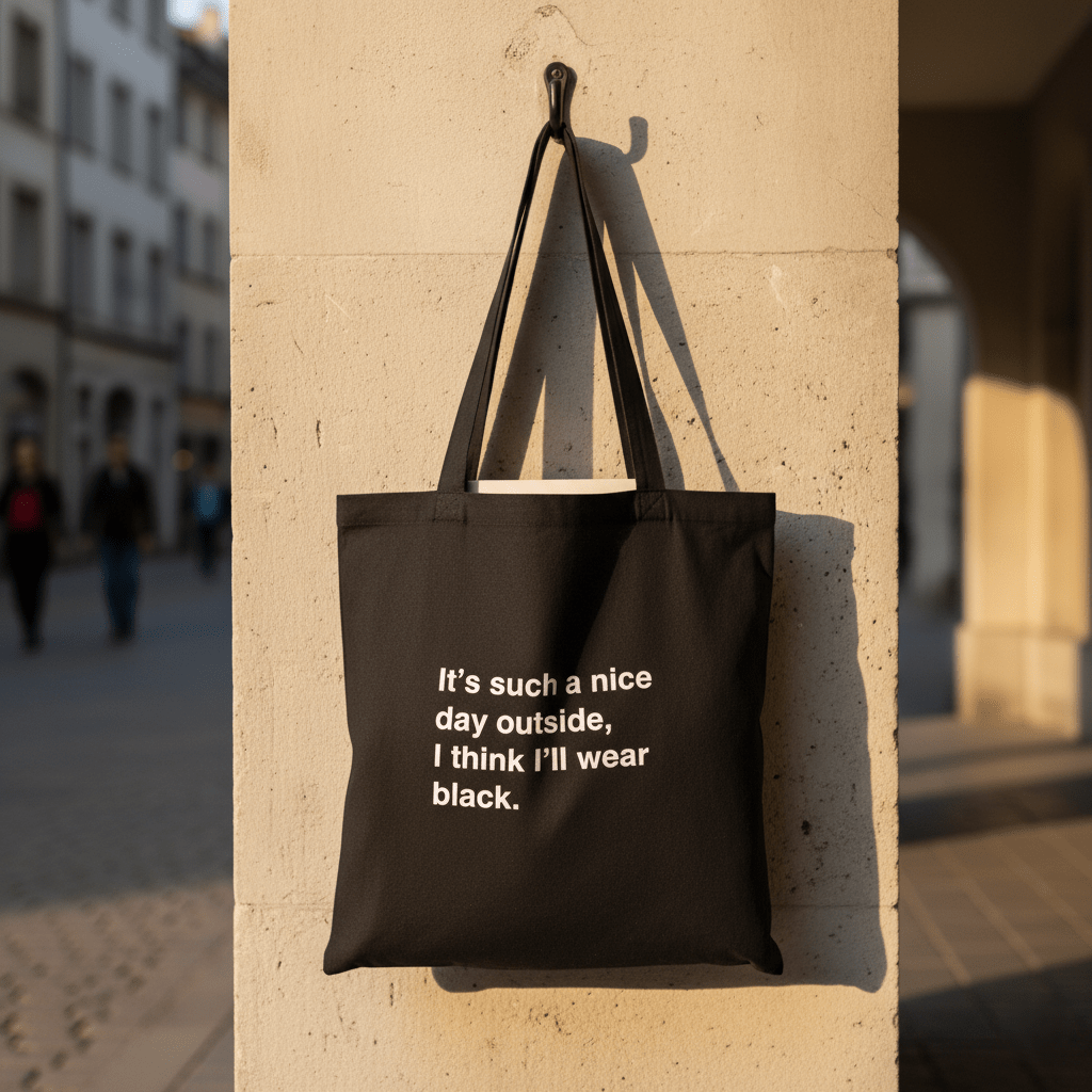 Tote Bag, Baumwolltasche schwarz, mit Schriftzug „It's such a nice day outside, I think I'll wear black.“ von Typealive