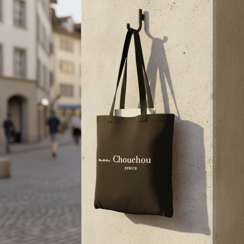Tote Bag, Einkaufstasche aus Baumwolle schwarz mit Schriftzug Logo Mon Chouchou Zürich 37 cm × 34,5 cm von Mon Chouchou