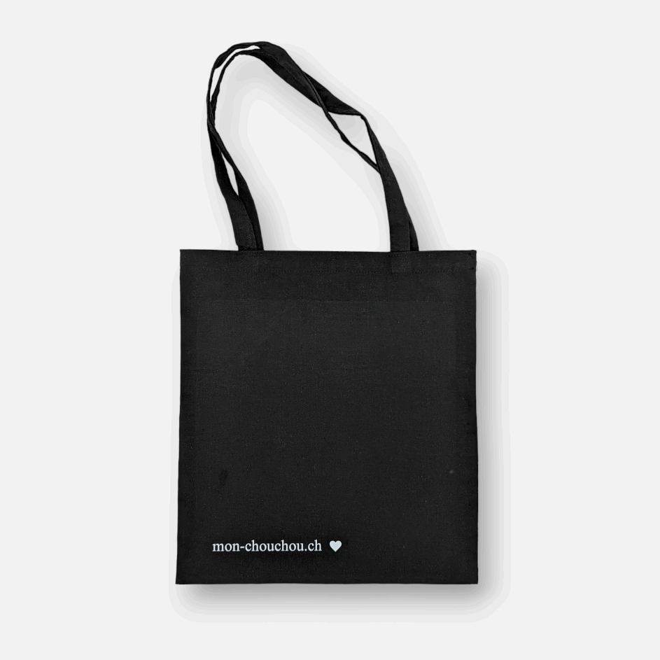 Tote Bag, Einkaufstasche aus Baumwolle schwarz mit Schriftzug Logo Mon Chouchou Zürich 37 cm × 34,5 cm von Mon Chouchou