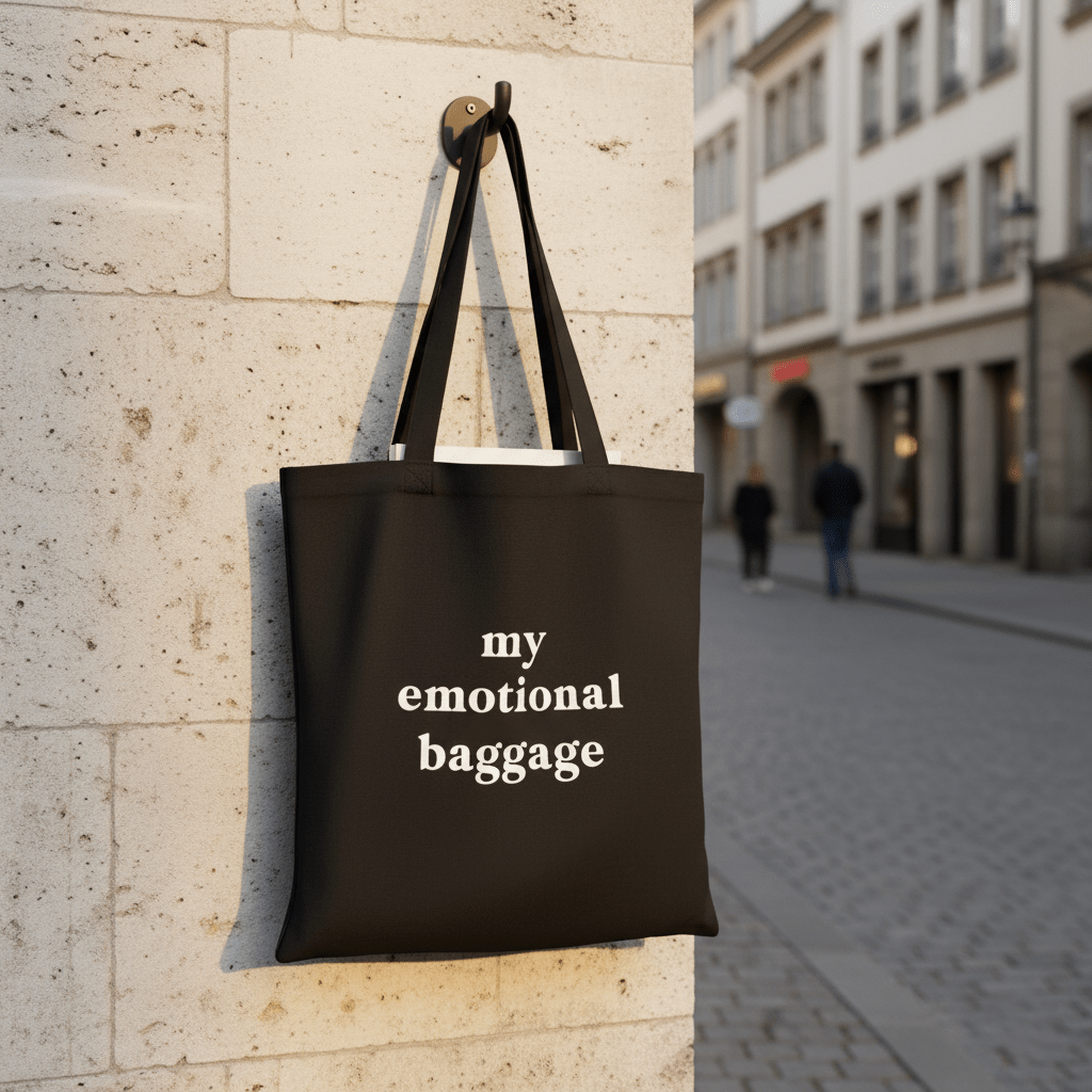 Tote Bag, Einkaufstasche aus Baumwolle, schwarz, mit Schriftzug „my emotional baggage“, 42,5 cm × 36,5 cm – von Typealive