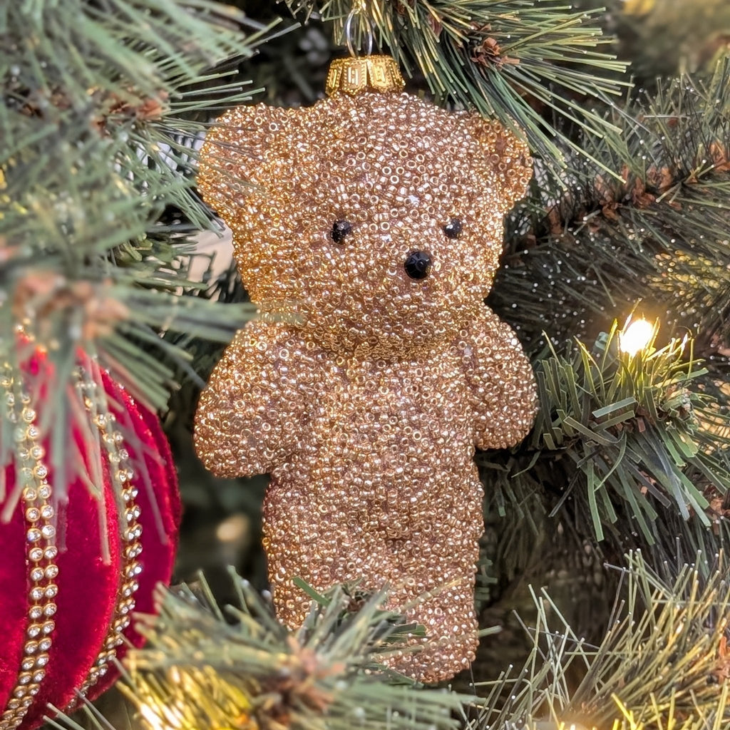 Weihnachtsanhänger Bär aus Glas Gold mit Perlenstruktur, H 14cm, Weihnachten Dekoration von EDG