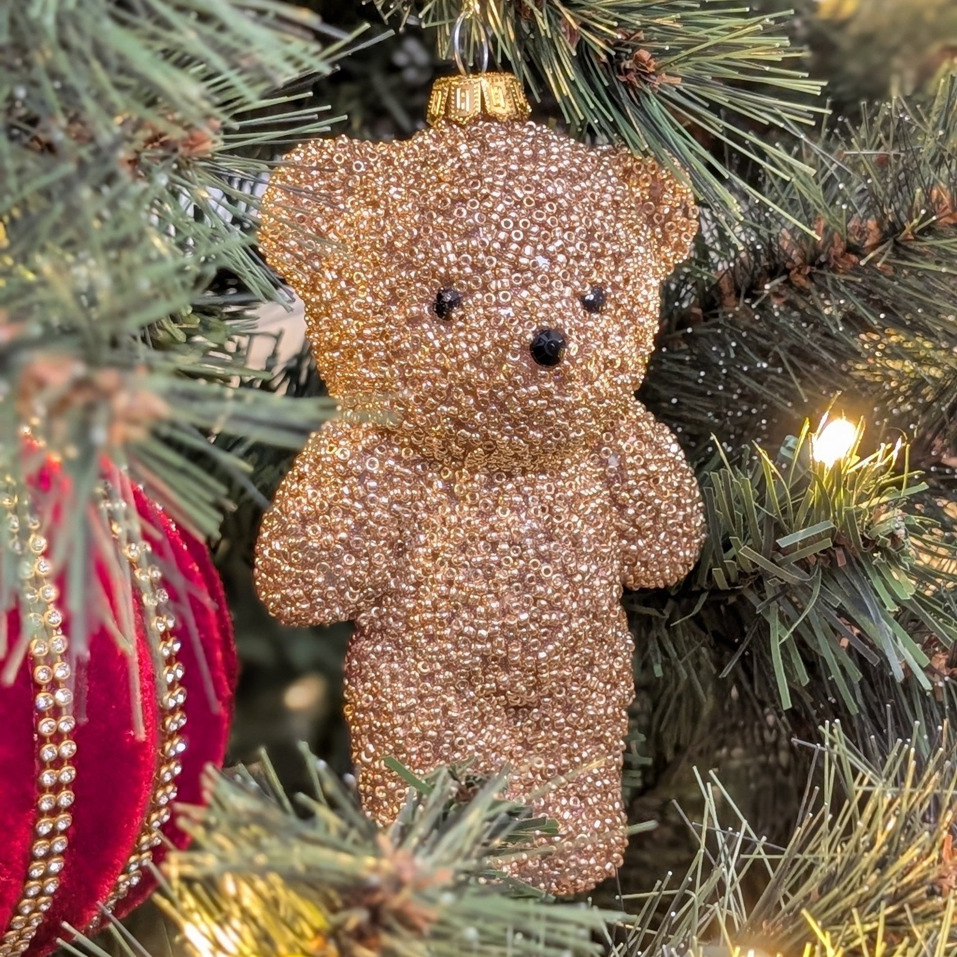 Weihnachtsanhänger Bär aus Glas Gold mit Perlenstruktur, H 14cm, Weihnachten Dekoration von EDG
