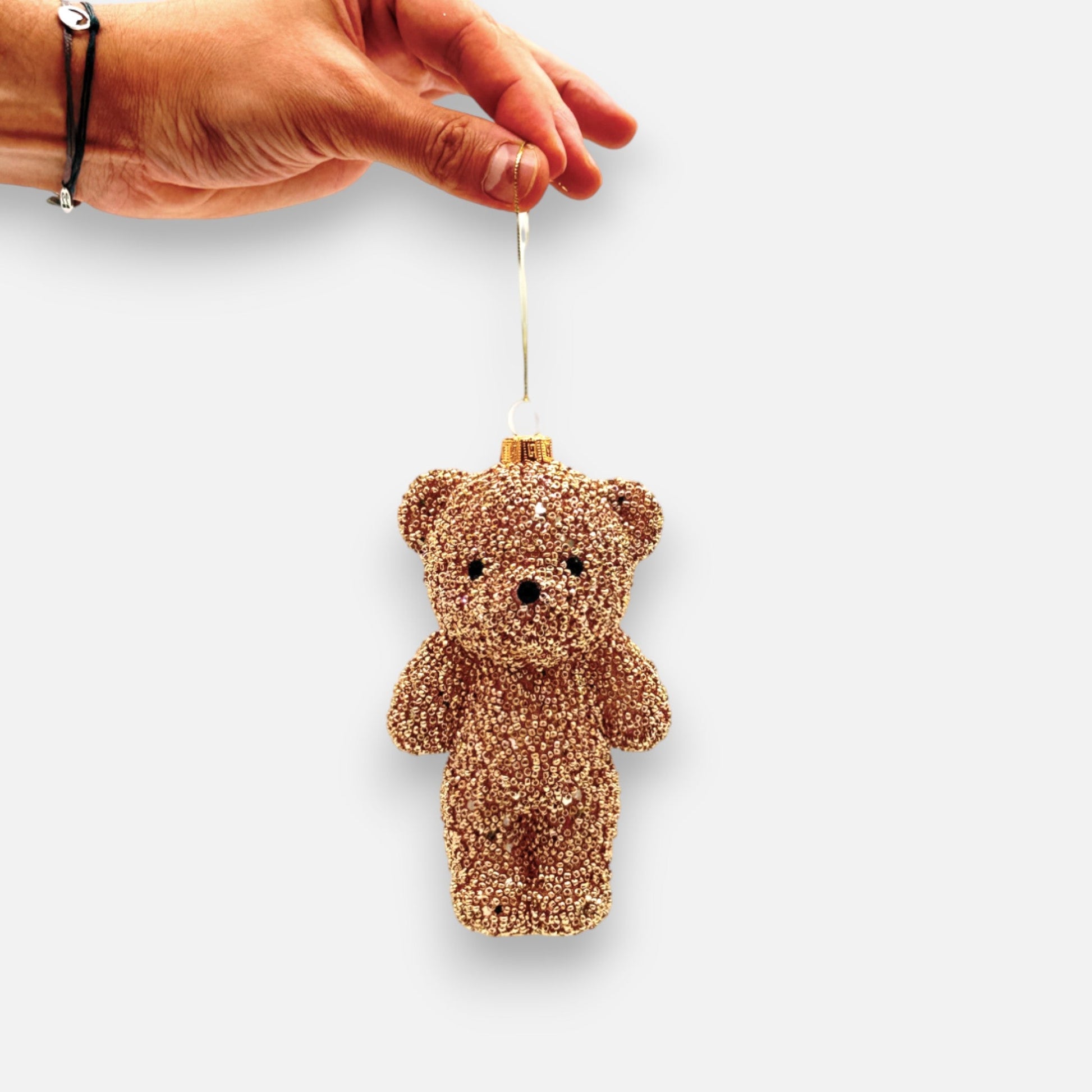 Weihnachtsanhänger Bär aus Glas Gold mit Perlenstruktur, H 14cm, Weihnachten Dekoration von EDG
