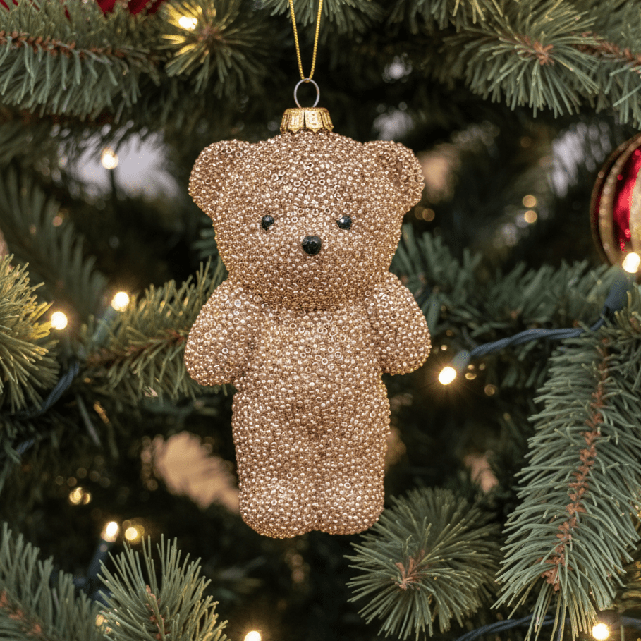 Weihnachtsanhänger Bär aus Glas Gold mit Perlenstruktur, H 14cm, Weihnachten Dekoration von EDG