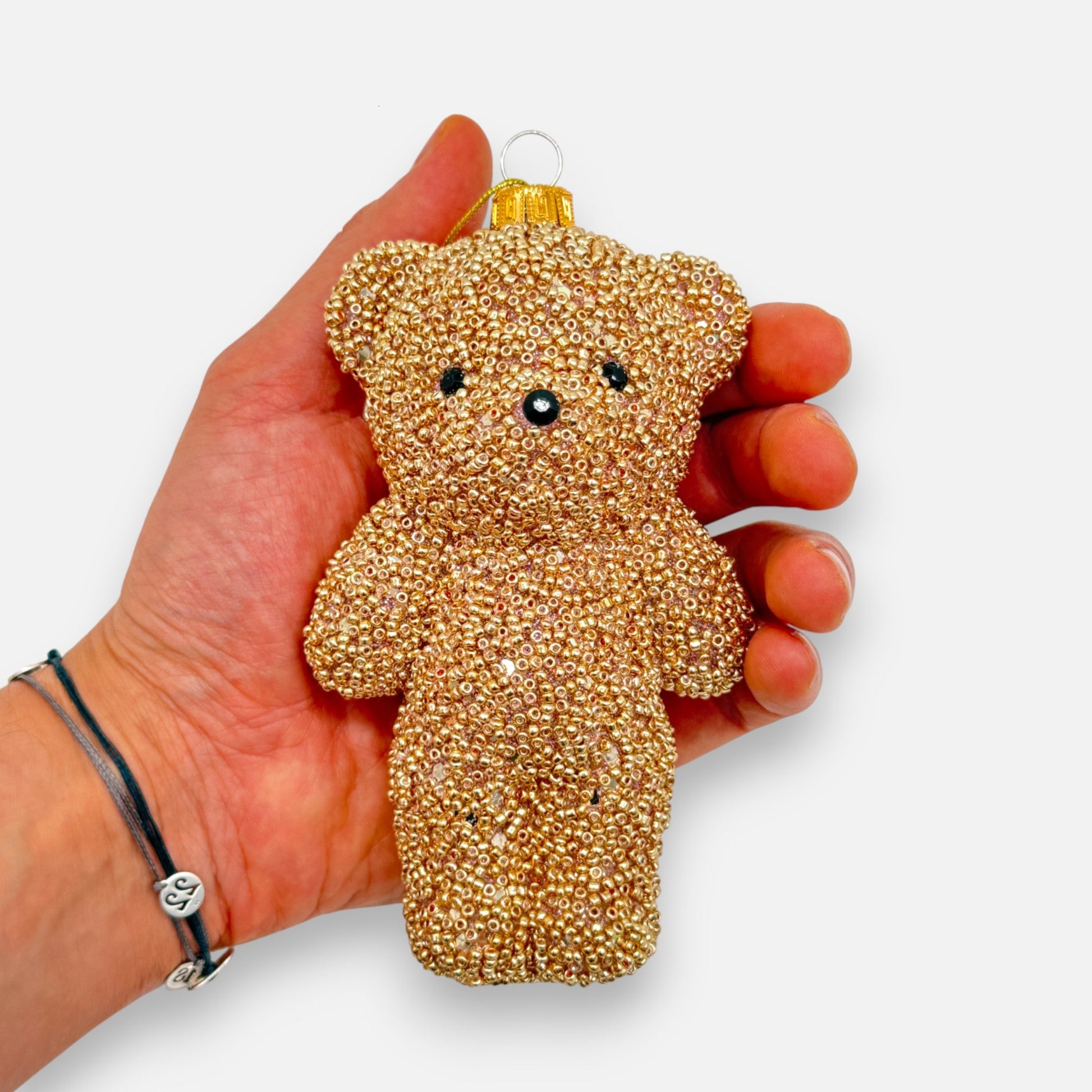 Weihnachtsanhänger Bär aus Glas Gold mit Perlenstruktur, H 14cm, Weihnachten Dekoration von EDG