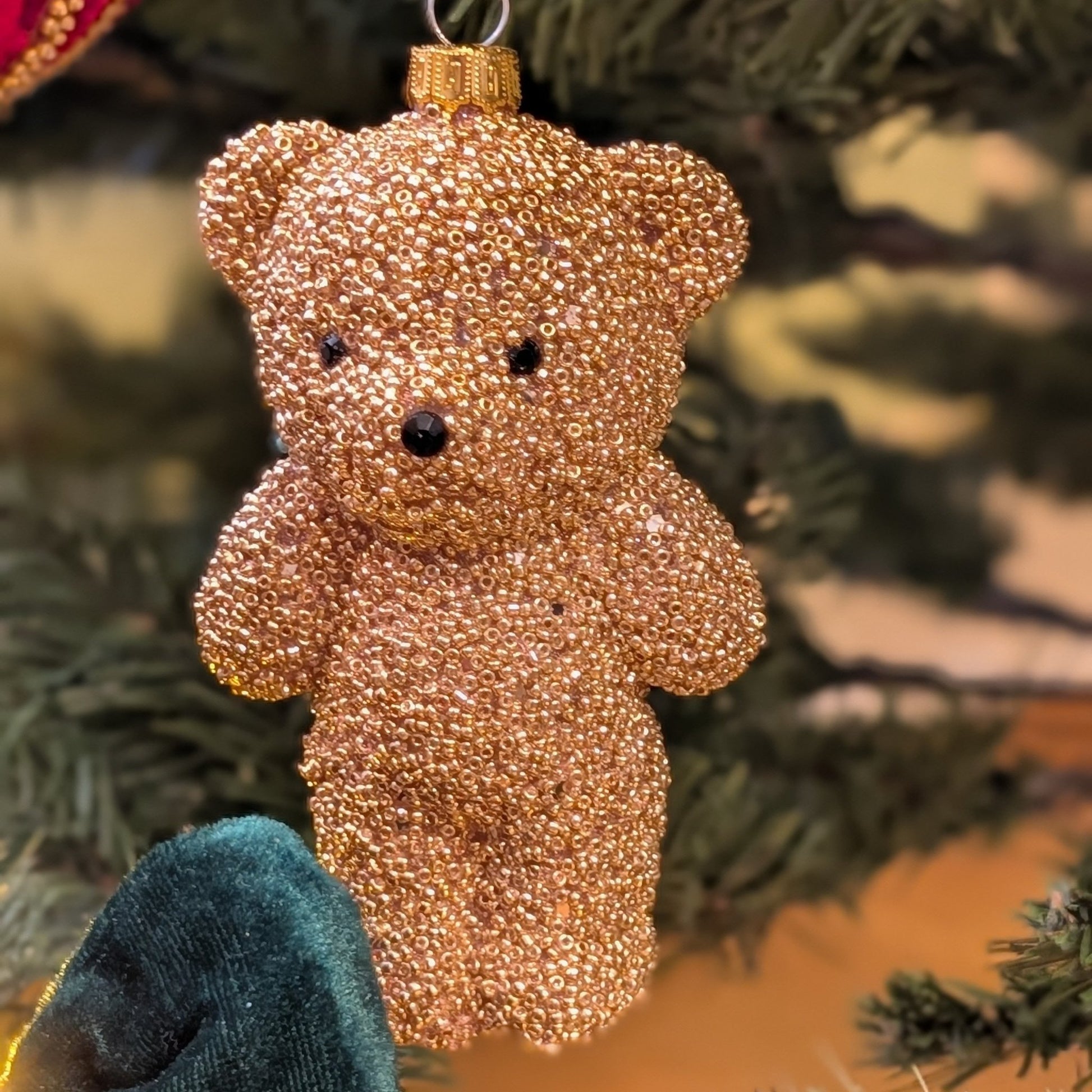 Weihnachtsanhänger Bär aus Glas Gold mit Perlenstruktur, H 14cm, Weihnachten Dekoration von EDG