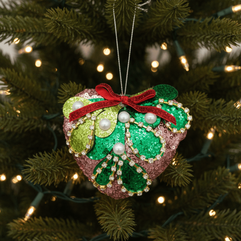 Weihnachtsanhänger Herz aus Stoff Grün Rosa mit Pailletten, H 10cm, Weihnachten Dekoration von EDG