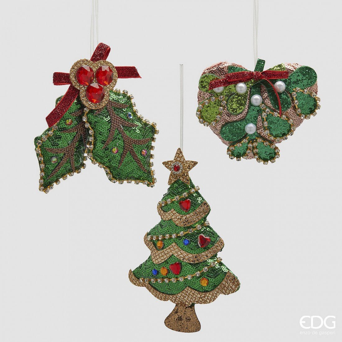 Weihnachtsanhänger Stechpalmenzweig aus Stoff Grün Rot mit Pailletten, H 12cm, Weihnachten Dekoration von EDG