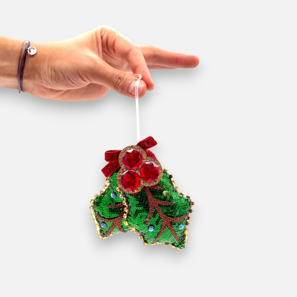 Weihnachtsanhänger Stechpalmenzweig aus Stoff Grün Rot mit Pailletten, H 12cm, Weihnachten Dekoration von EDG