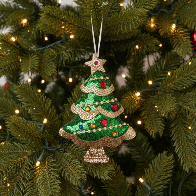 Weihnachtsanhänger Tannenbaum aus Stoff Grün Gold mit Pailletten, H 17cm, Weihnachten Dekoration von EDG