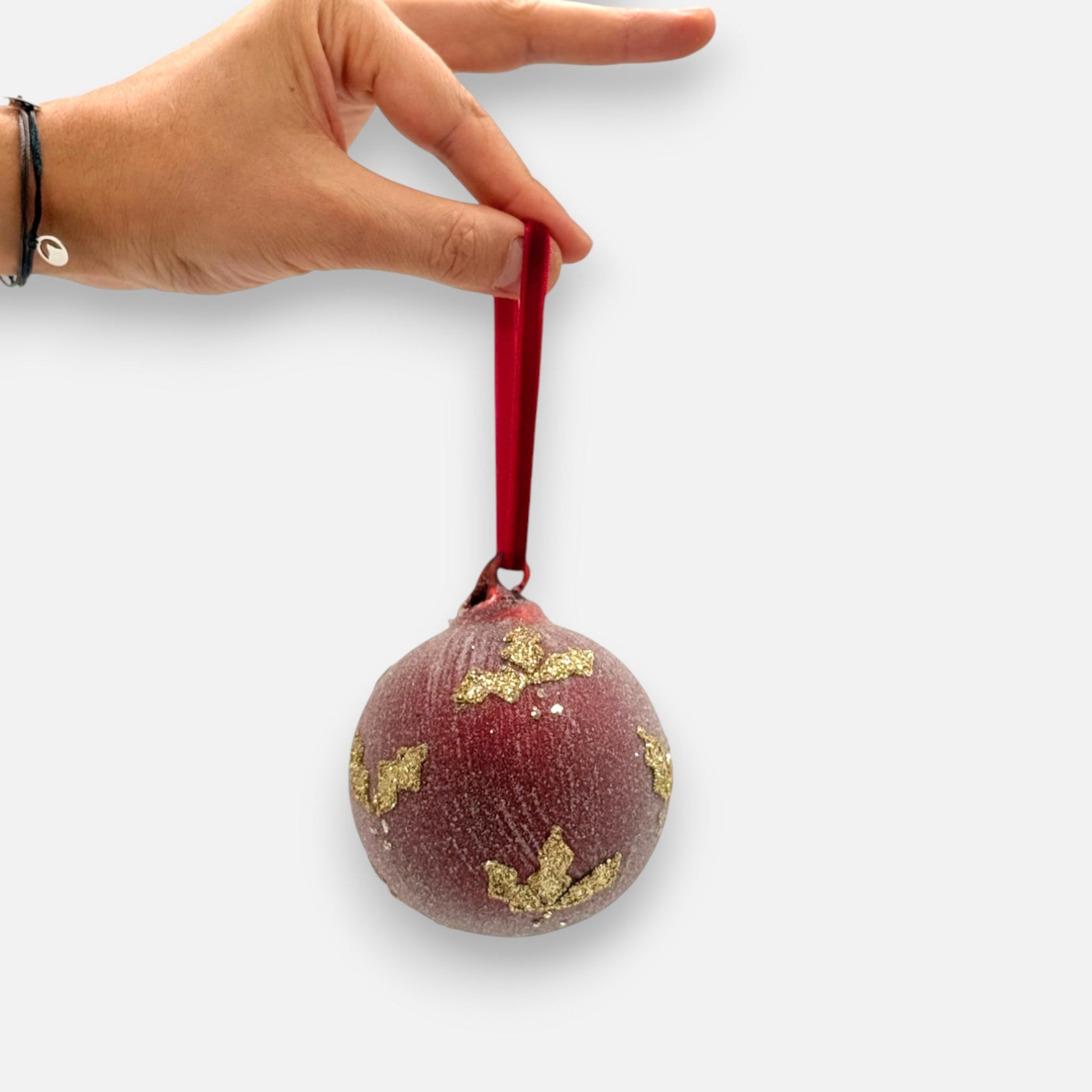 Weihnachtskugel aus Glas Rot matt mit Gold - Glitter - Motiv, Ø 8cm, Weihnachten Dekoration von Shishi