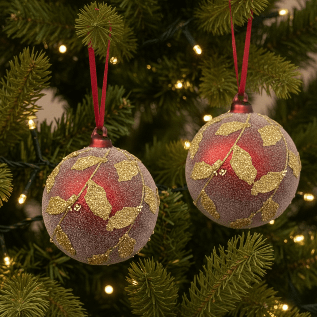 Weihnachtskugel aus Glas Rot matt mit Gold - Glitter - Motiv, Ø 8cm, Weihnachten Dekoration von Shishi