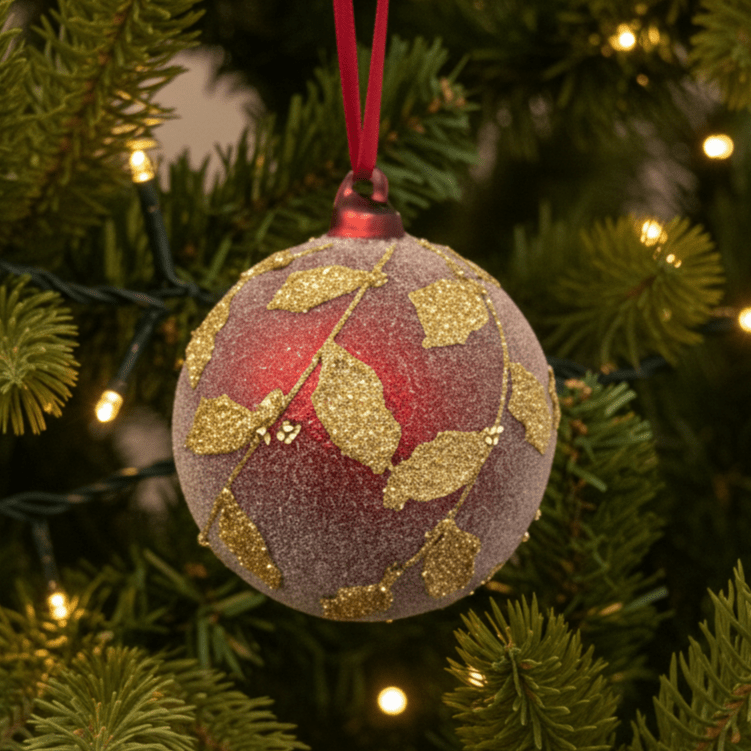 Weihnachtskugel aus Glas Rot matt mit Gold - Glitter - Motiv, Ø 8cm, Weihnachten Dekoration von Shishi