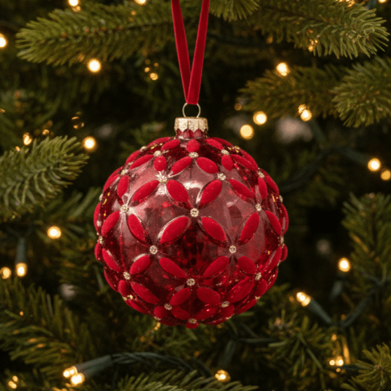 Weihnachtskugel aus Glas Rot mit Samt - und Glitzer - Dekor, Ø 10cm, Weihnachten Dekoration von Shishi