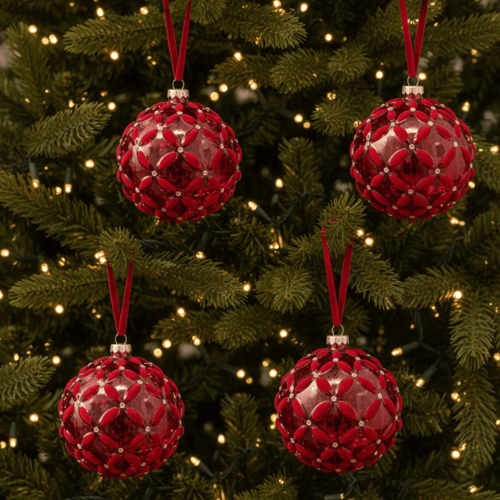 Weihnachtskugel aus Glas Rot mit Samt - und Glitzer - Dekor, Ø 10cm, Weihnachten Dekoration von Shishi