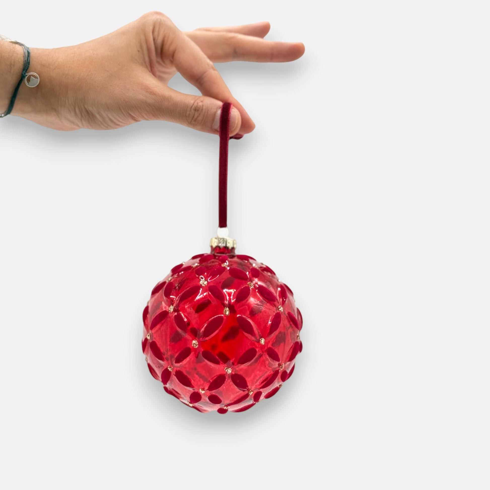 Weihnachtskugel aus Glas Rot mit Samt - und Glitzer - Dekor, Ø 10cm, Weihnachten Dekoration von Shishi