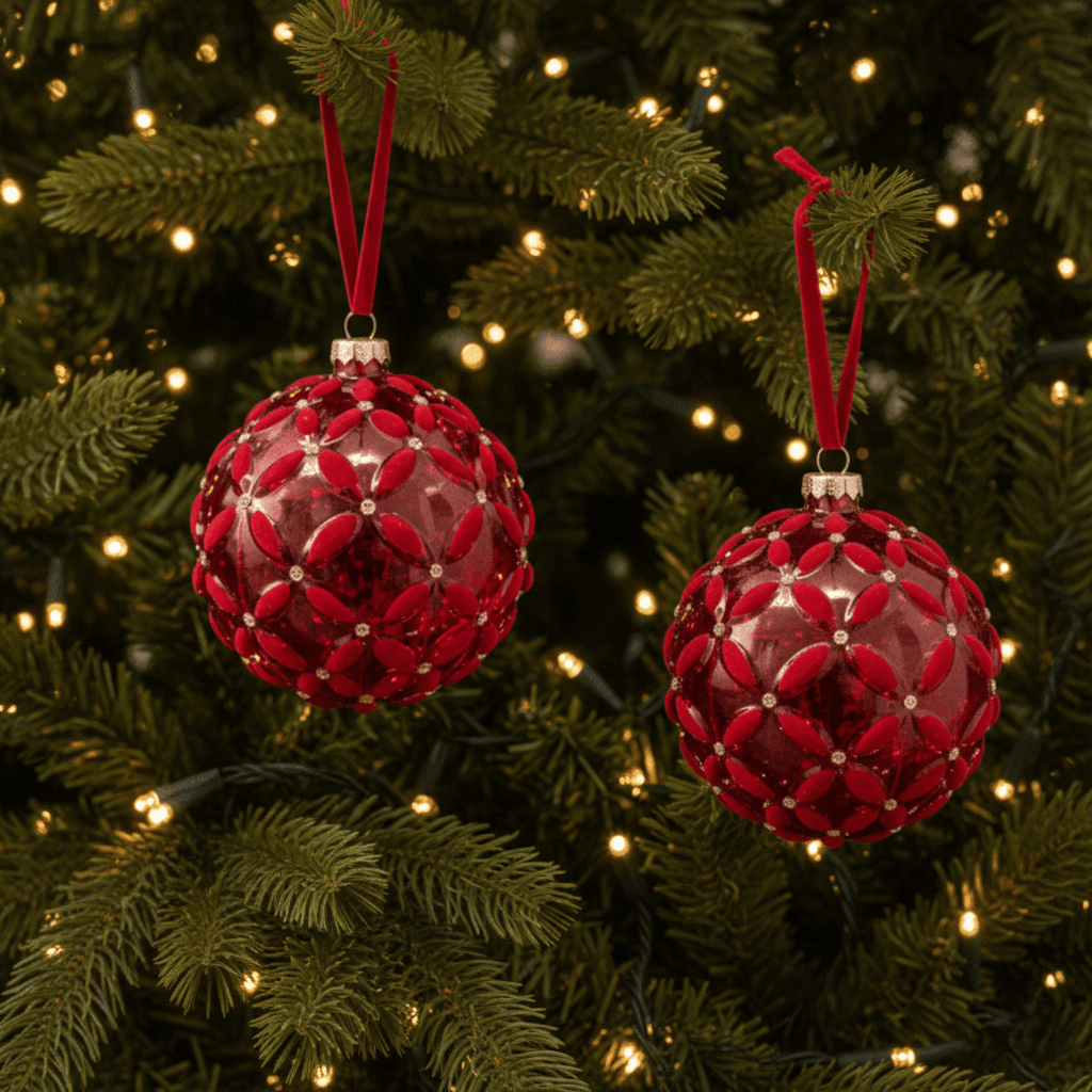 Weihnachtskugel aus Glas Rot mit Samt - und Glitzer - Dekor, Ø 10cm, Weihnachten Dekoration von Shishi