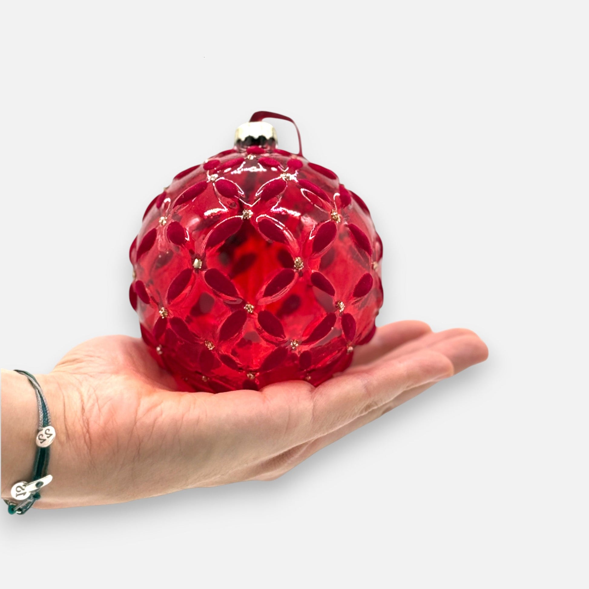 Weihnachtskugel aus Glas Rot mit Samt - und Glitzer - Dekor, Ø 10cm, Weihnachten Dekoration von Shishi