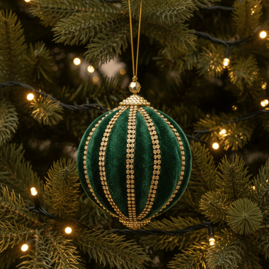 Weihnachtskugel aus Samt Grün mit Gold - Perlendekor, Ø 10cm, Weihnachten Dekoration von EDG