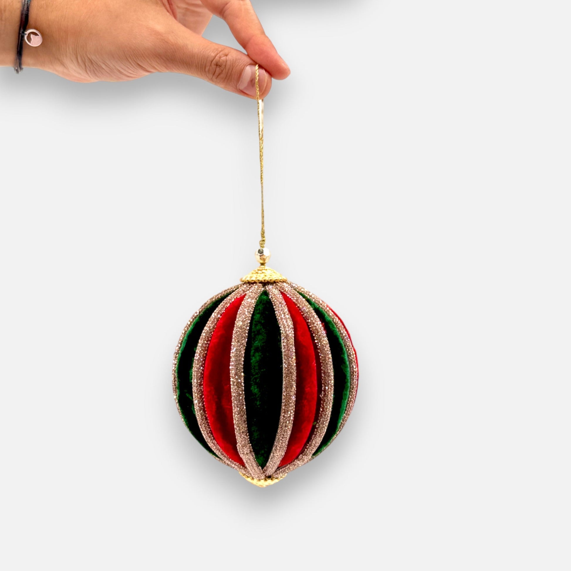 Weihnachtskugel aus Samt Rot Grün mit Gold - Glitzerstreifen, Ø 10cm, Weihnachten Dekoration von EDG