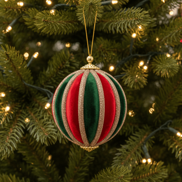 Weihnachtskugel aus Samt Rot Grün mit Gold - Glitzerstreifen, Ø 10cm, Weihnachten Dekoration von EDG
