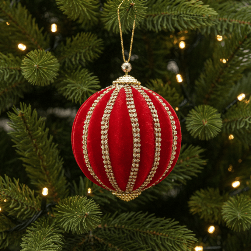 Weihnachtskugel aus Samt Rot mit Gold-Perlendekor, Ø 10cm, Weihnachten Dekoration von EDG