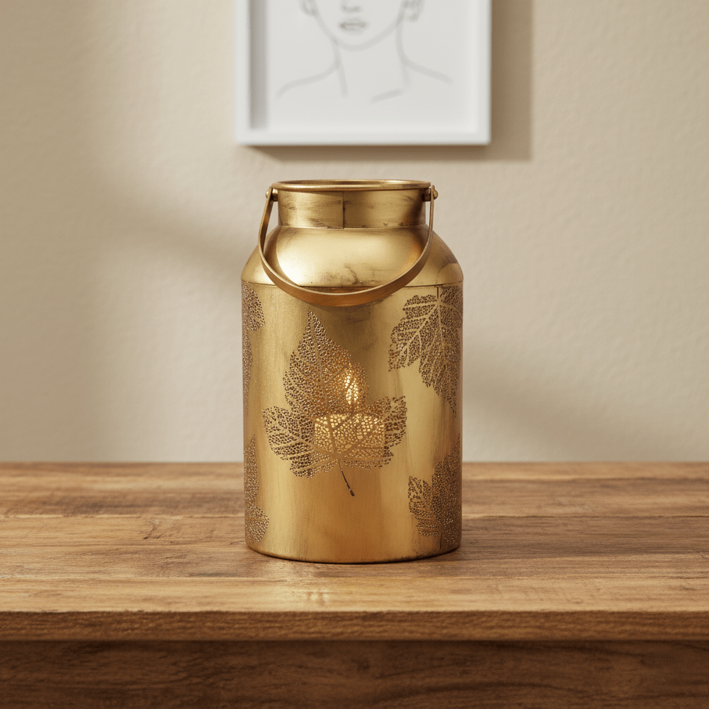 Windlicht, Laterne aus Aluminium gold Milchkanne Henkel Blattmuster Ø 16cm x H 27cm | Oriane Kerzenlicht von Parlane