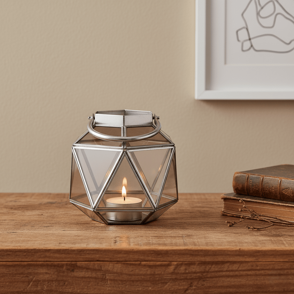 Windlicht, Laterne aus Metall und Glas für Stumpenkerzen, silber-braun, modern, B 20 cm × L 21 cm × H 21 cm, von Parlane