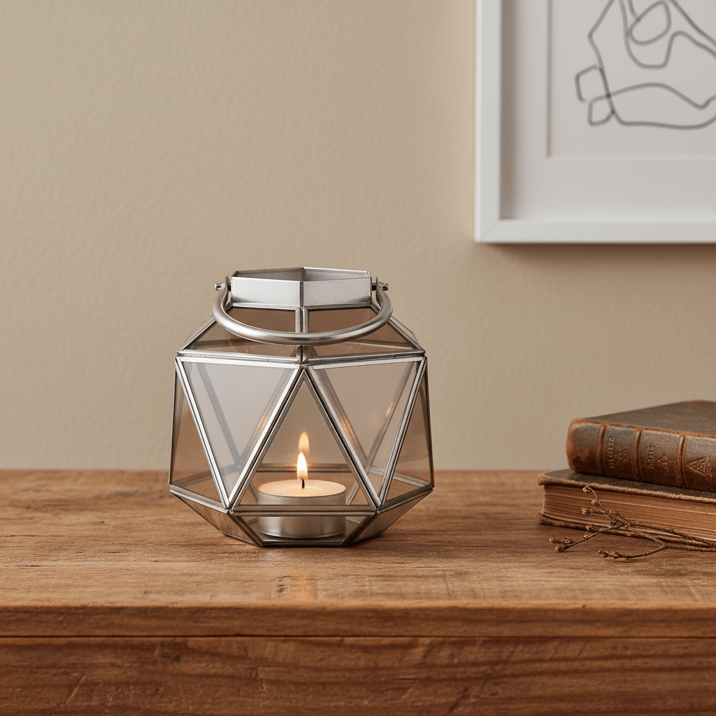 Windlicht, Laterne aus Metall und Glas für Stumpenkerzen, silber-braun, modern, B 20 cm × L 21 cm × H 21 cm – von Parlane