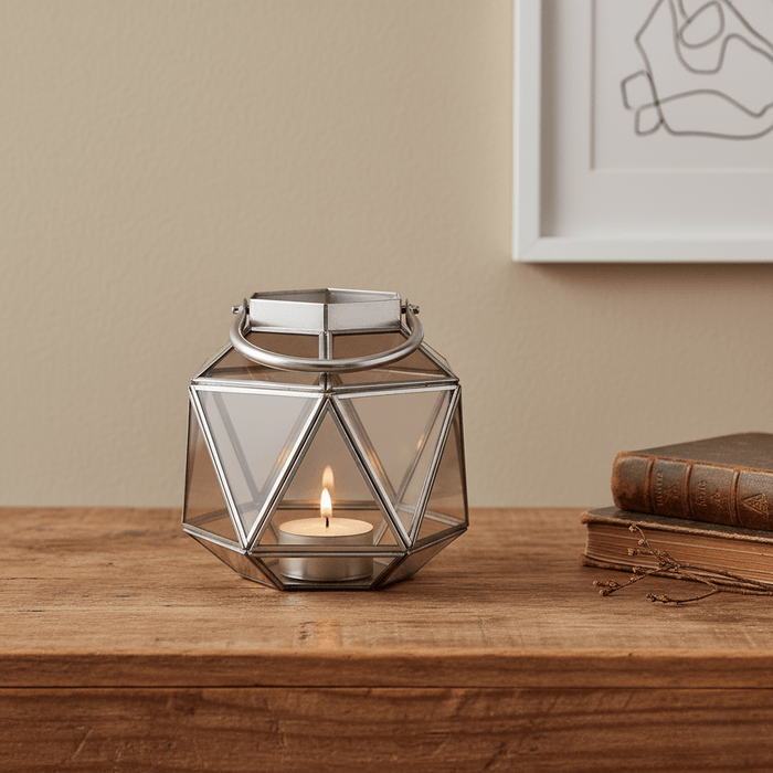Windlicht, Laterne aus Metall und Glas für Stumpenkerzen, silber-braun, modern, B 20 cm × L 21 cm × H 21 cm, von Parlane