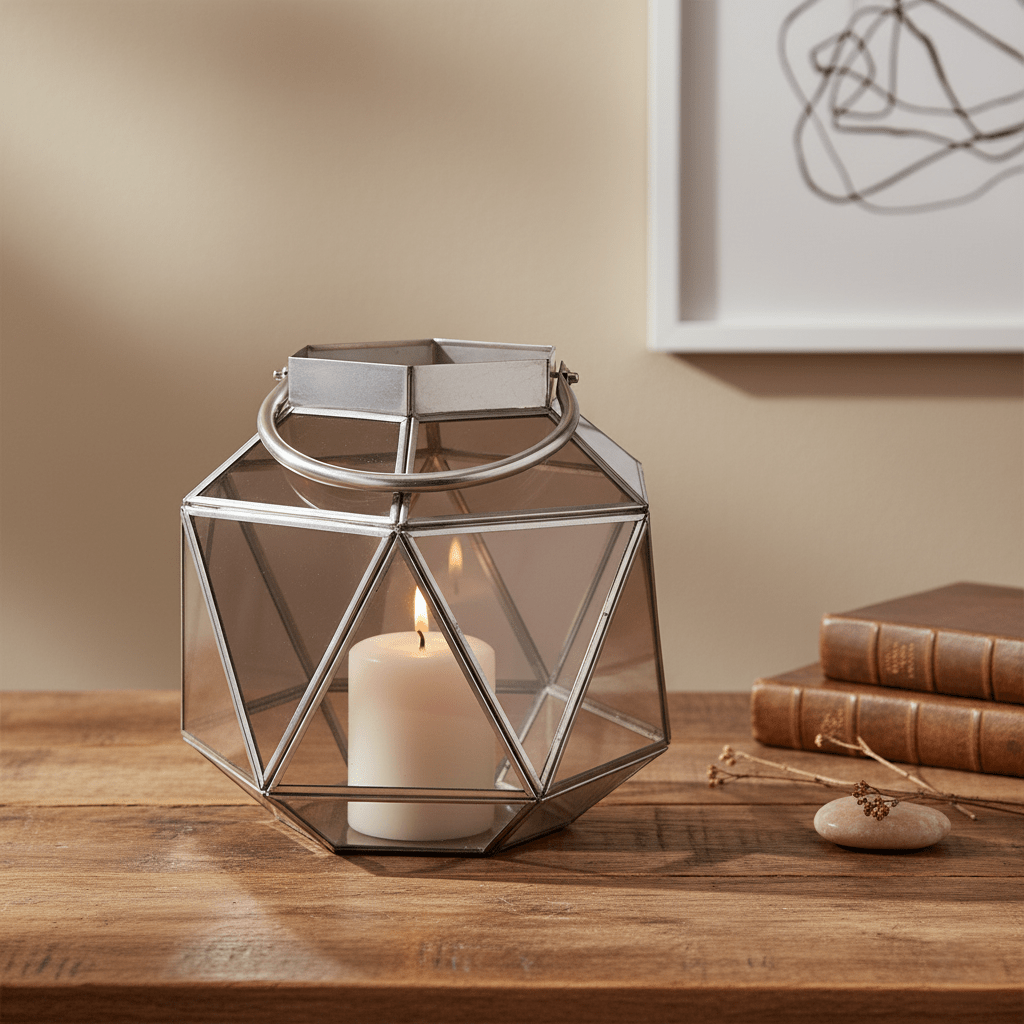 Windlicht, Laterne aus Metall und Glas für Stumpenkerzen, silber-braun, modern, B 25 cm × L 27 cm × H 25 cm – von Parlane